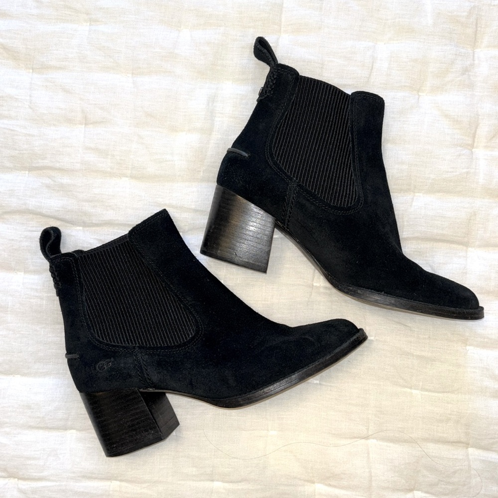Ugg suede block heel booties, size 9.5